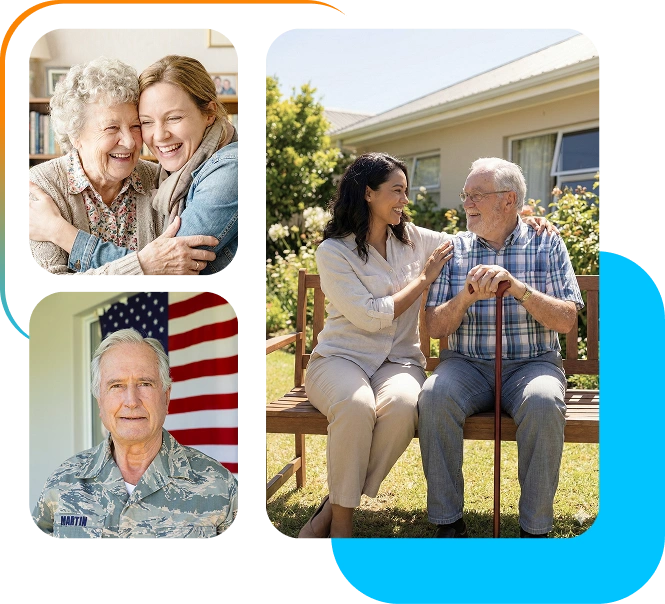 A collage features three images: a joyful elderly woman and a younger woman embracing, a smiling man in uniform with a flag background, and a woman chatting with an elderly man on a sunny bench.