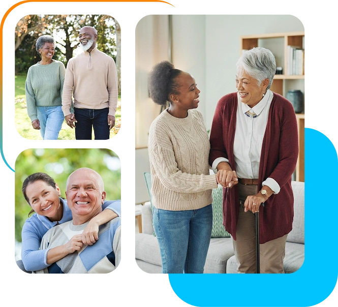 Elderly couples and a young woman assisting a senior are depicted in three images. They convey warmth, joy, and supportive relationships.