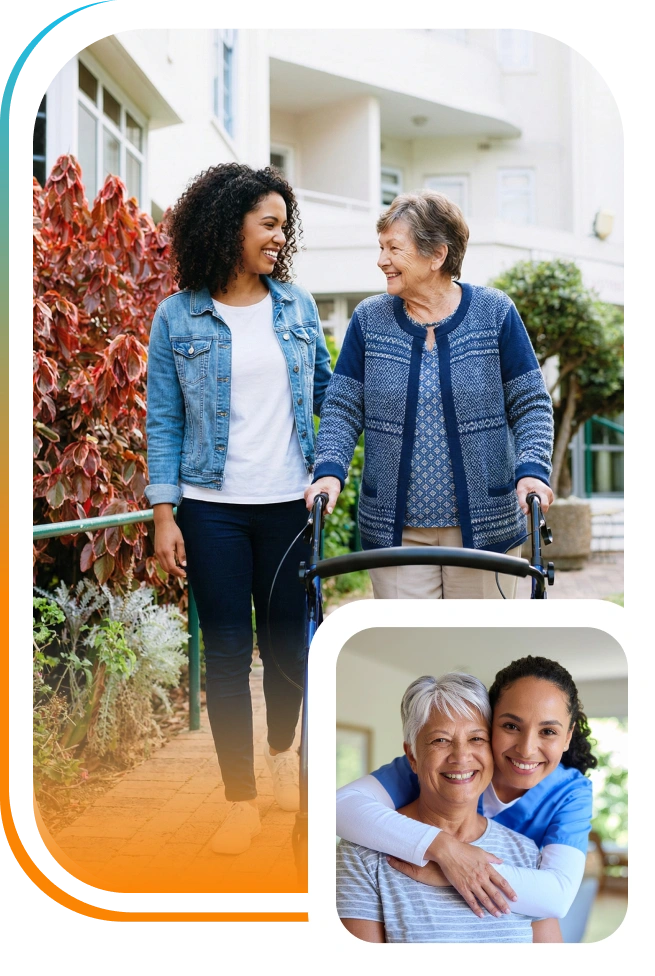 A young woman and elderly woman smile at each other outside, the elderly woman uses a walker. Inset shows them embracing indoors, both appear happy.