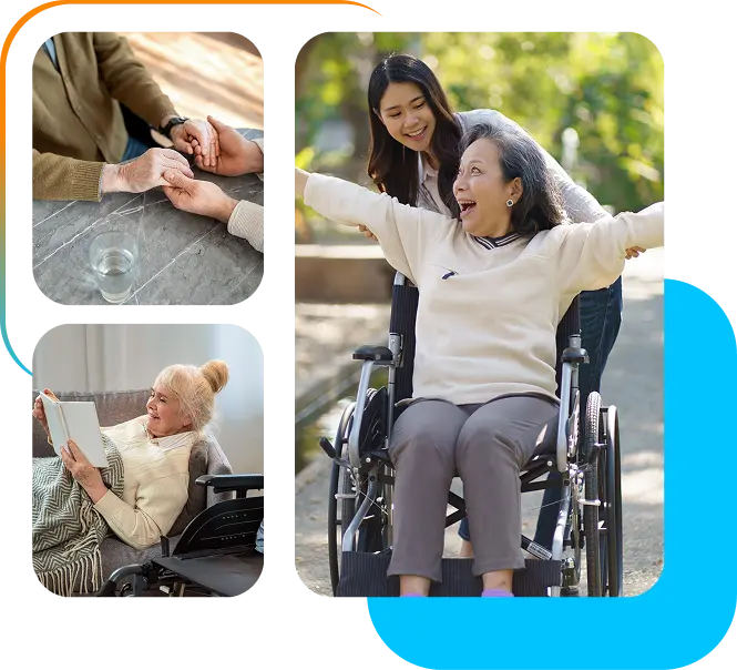 Collage showing caregiving moments, including support, companionship, and assisting an elderly person in a wheelchair outdoors.