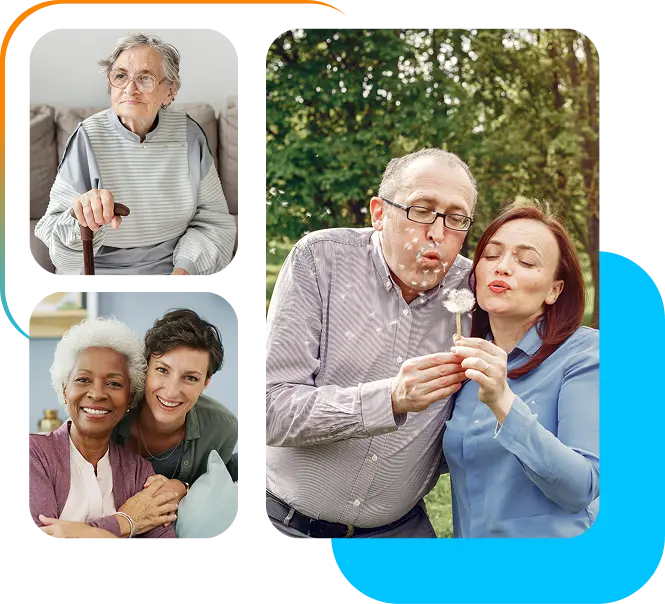 Collage of elderly people and caregivers, including moments of companionship and outdoor activity.