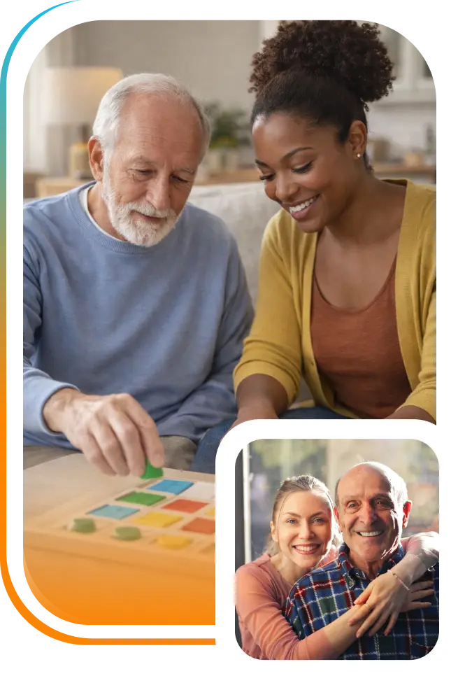 Collage showing caregivers supporting elderly individuals through activities and companionship.