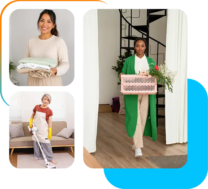 Collage of women performing household tasks including folding laundry, vacuuming, and carrying a basket of flowers