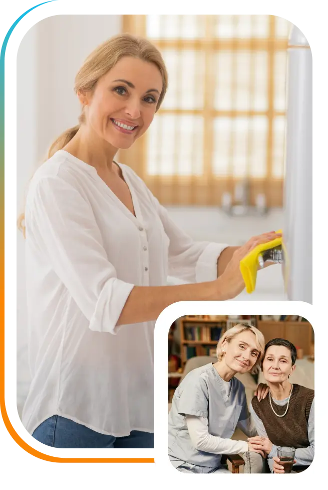 Collage of a smiling woman wiping a surface with a yellow cloth and two women sitting together warmly indoors