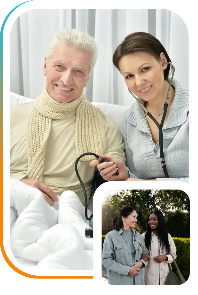 Collage of a nurse with a stethoscope taking an elderly man's blood pressure at home and two women smiling together outdoors